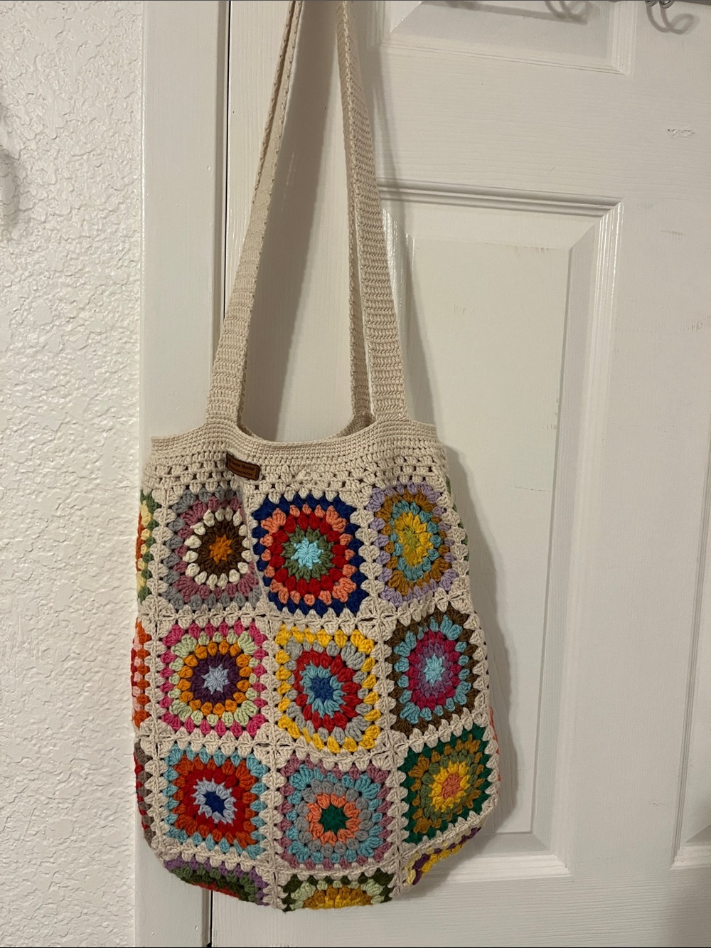 Cream Crochet Patchwork Tote Bag with Multicolor Squares